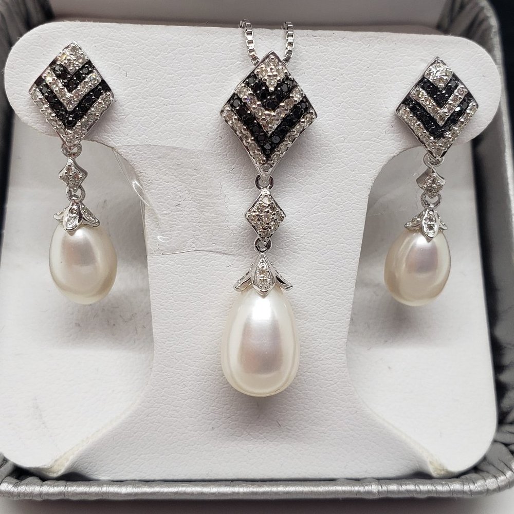 Cultured Pearl Ring/Necklace/Earring SET CFWP SS 1/3 CT - Picture 3 of 7